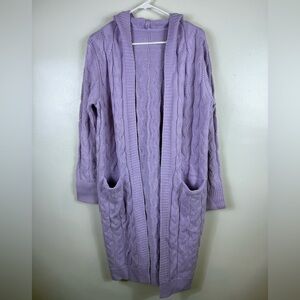 Boutique Womens Cable‎ Knit Cardigan Sweater Longline Purple Medium Pockets Hood